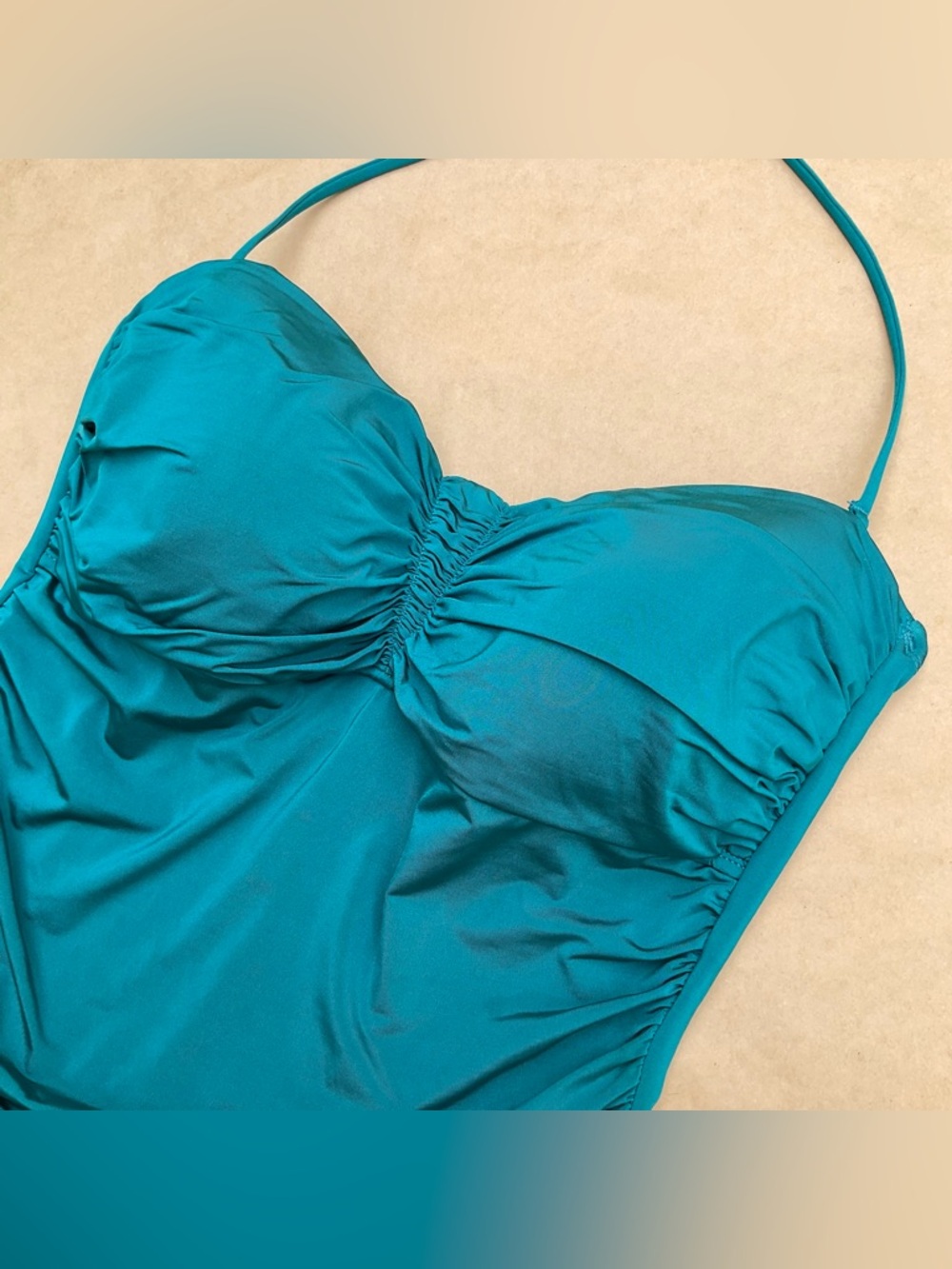 La Blanca β Ruched One Piece Halter Swimsuit in Teal Size 10 - Picture 5 of 13